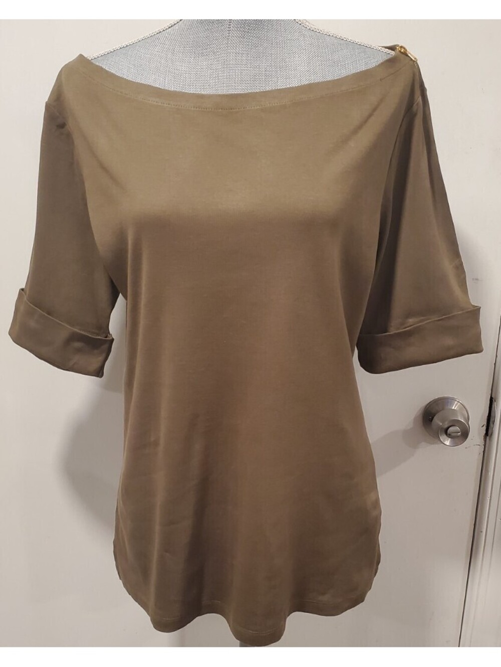 Lauren Ralph Lauren Large Olive Green 3/4 Sleeve Blouse Shoulder Gold Zipper